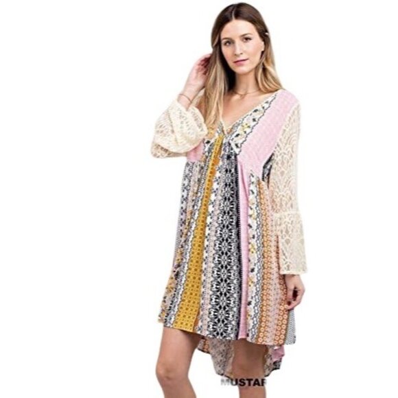 Mixed Print Lace Bell Sleeve Mini Dress | Boho Coastal Cowgirl Whimsigoth Indie - Picture 9 of 12